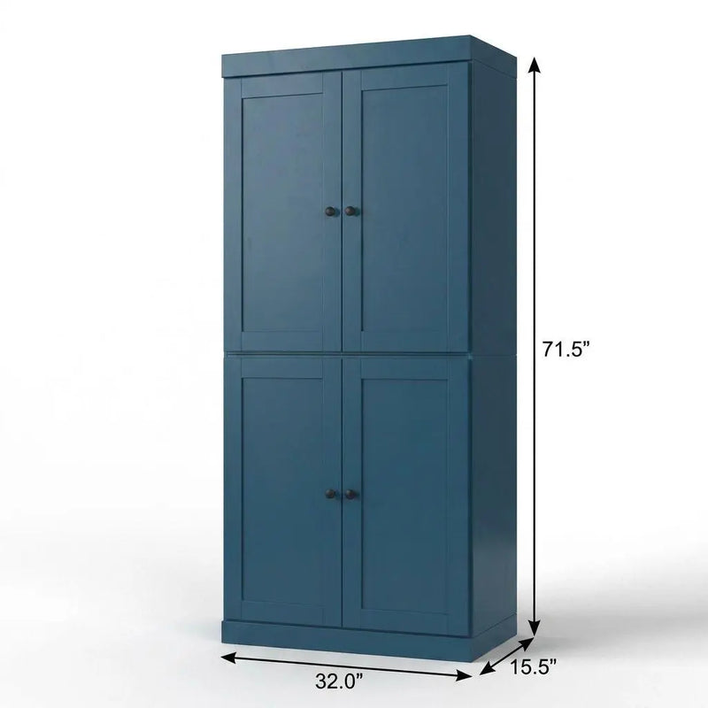 32" Teal Blue Solid Wood Free Standing Four Door Linen Cabinet Homeroots Organization