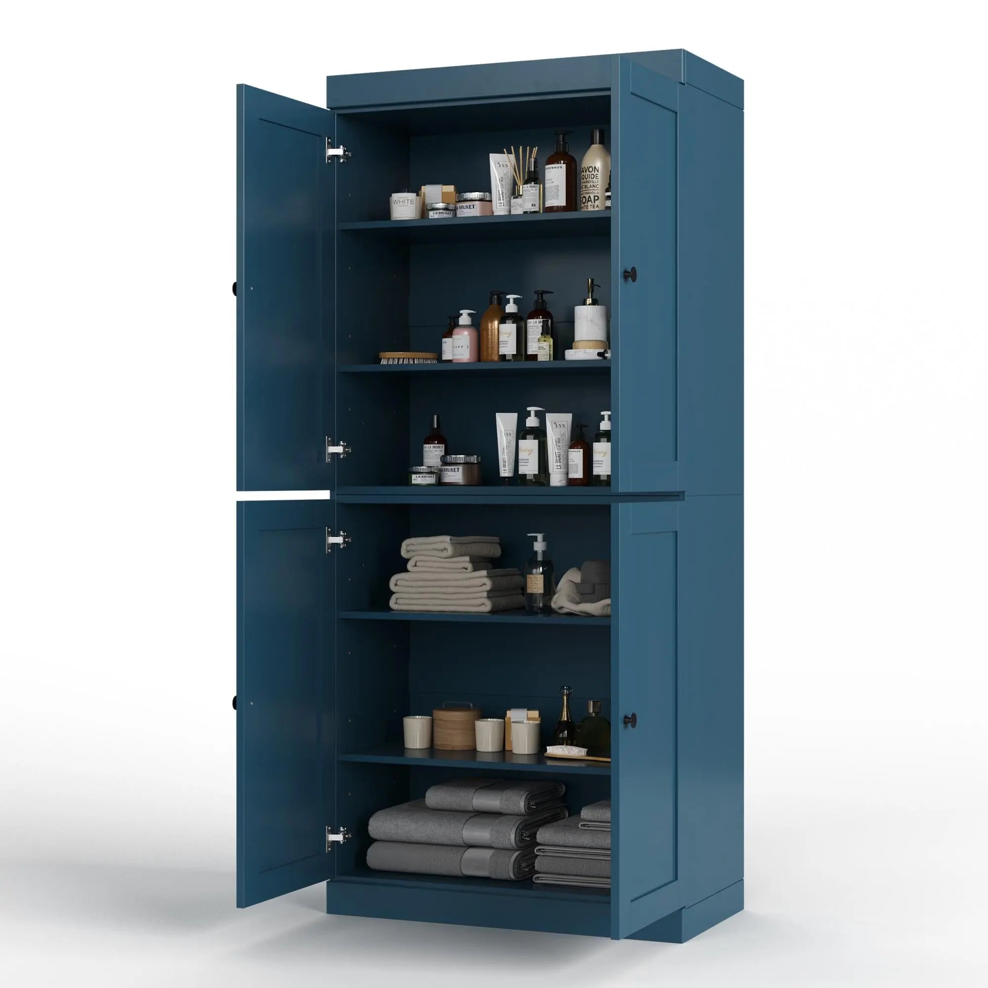 32" Teal Blue Solid Wood Free Standing Four Door Linen Cabinet Homeroots Organization
