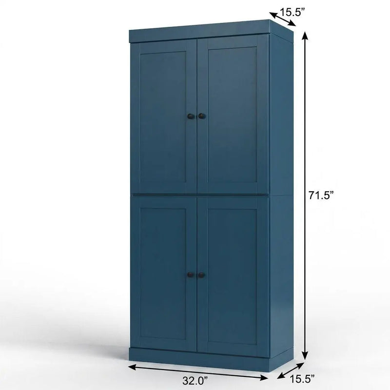 32" Teal Blue Solid Wood Free Standing Four Door Linen Cabinet Homeroots Organization