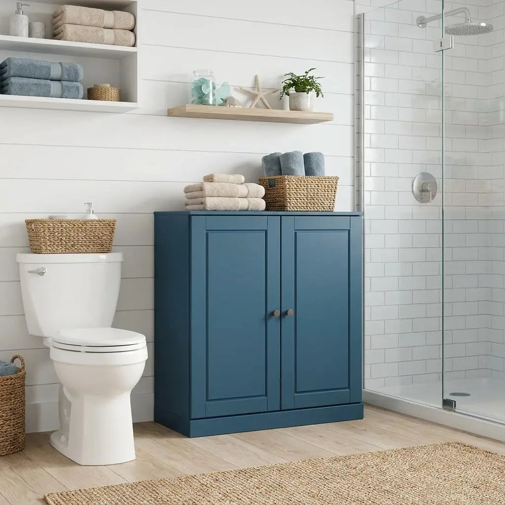 32" Teal Blue Solid Wood Raised Panel Double Door Linen Cabinet Homeroots Organization