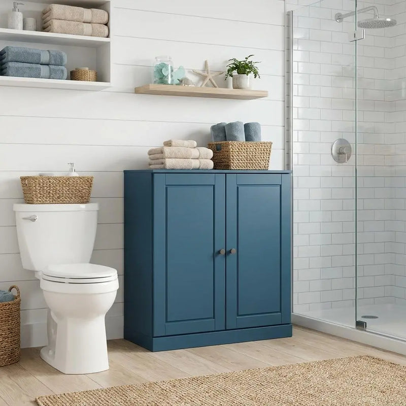32" Teal Blue Solid Wood Raised Panel Double Door Linen Cabinet Homeroots Organization