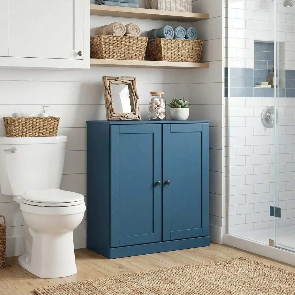 32" Teal Blue Solid Wood Shaker Style Double Door Linen Cabinet Homeroots Organization