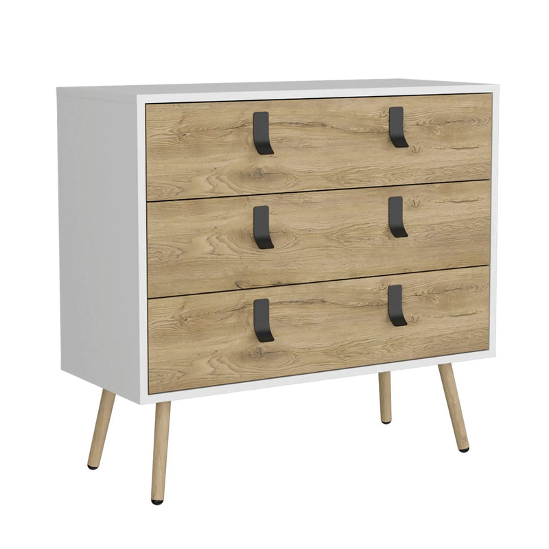 32" White And Natural Wood Three Drawer Dresser Homeroots Bed & Bath