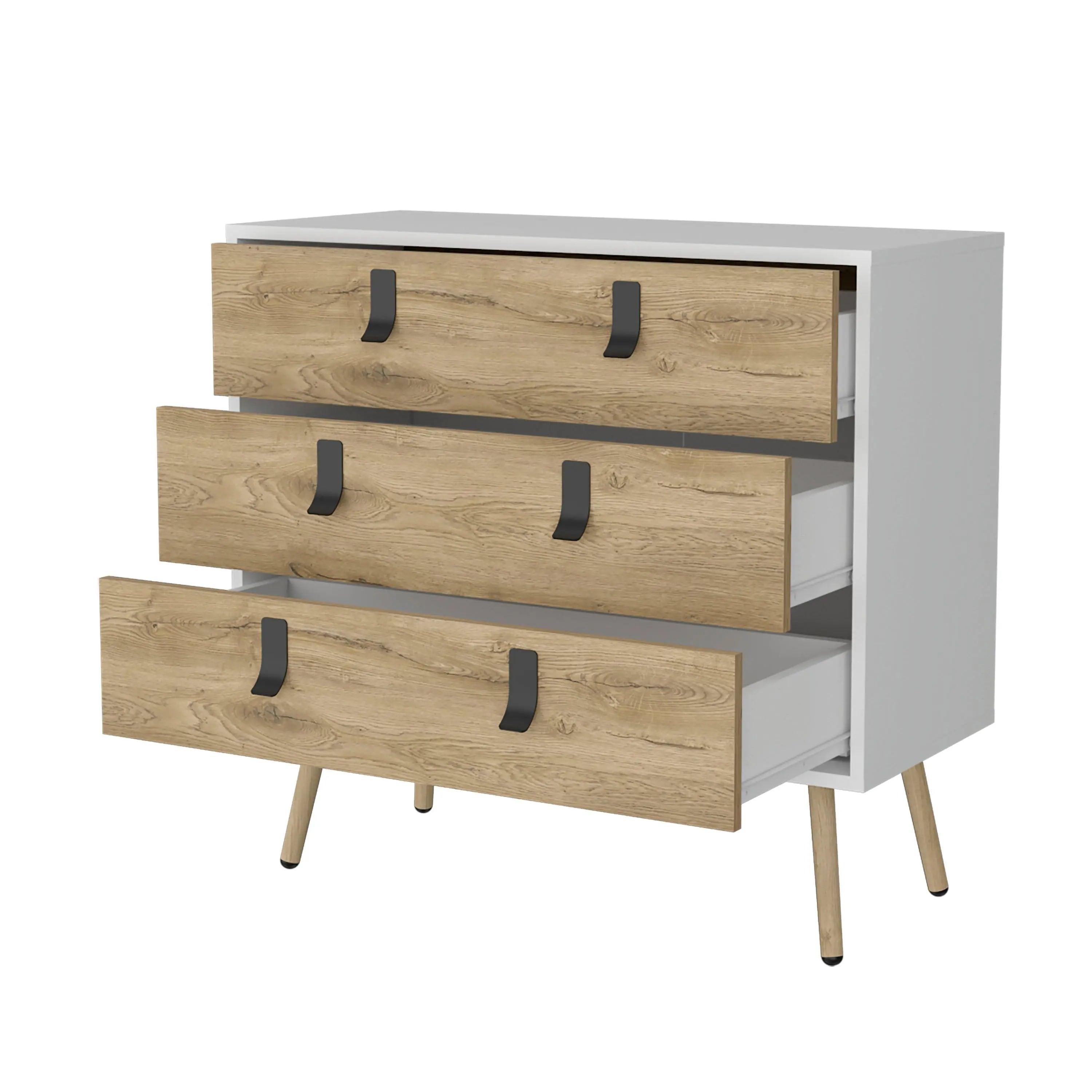 32" White And Natural Wood Three Drawer Dresser Homeroots Bed & Bath