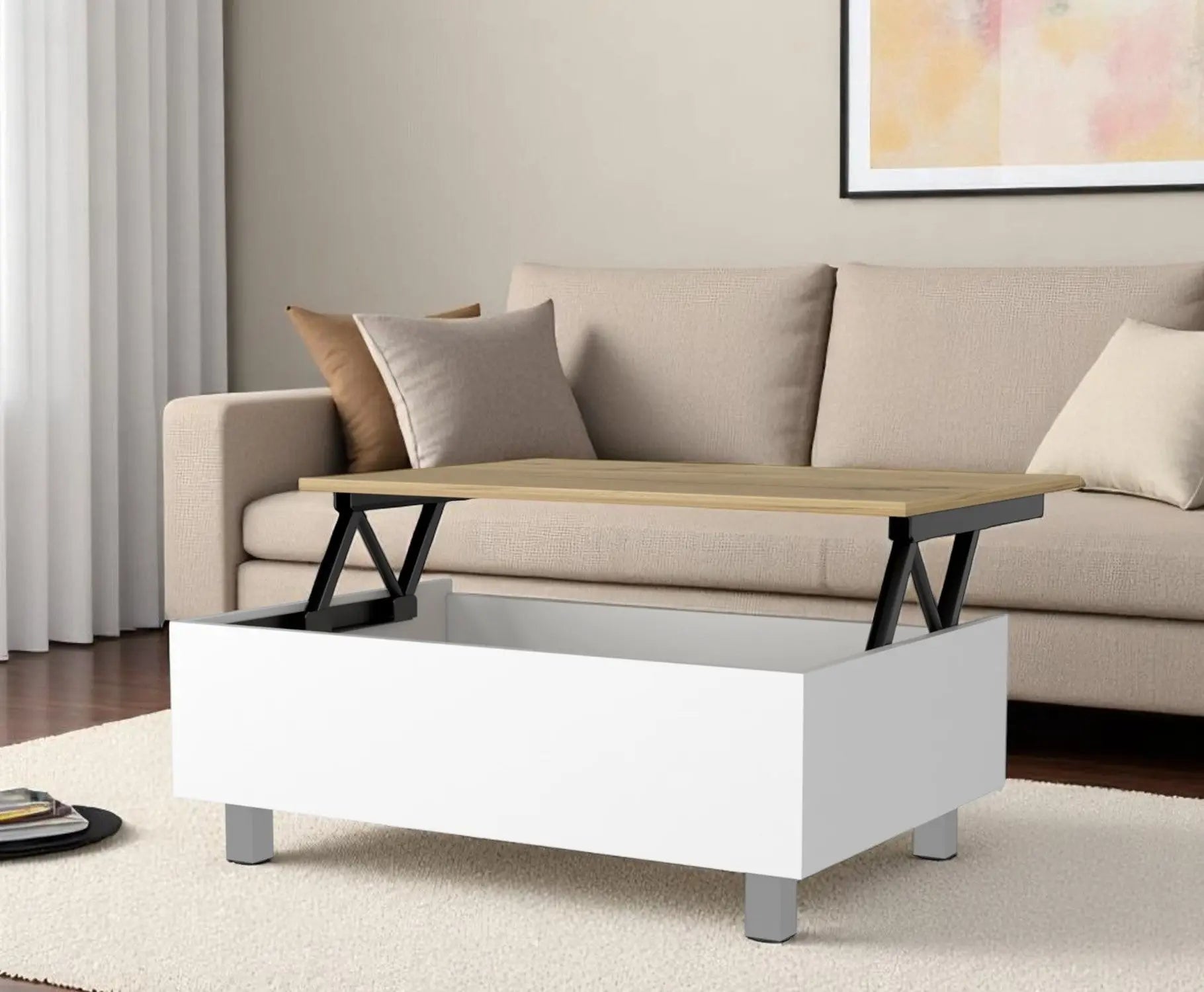 32" White And Oak Brown Wood and Metal Lift Top Coffee Table Homeroots Living Room