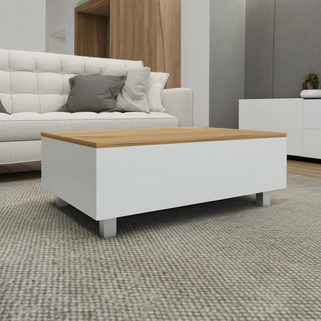 32" White And Oak Brown Wood and Metal Lift Top Coffee Table Homeroots Living Room