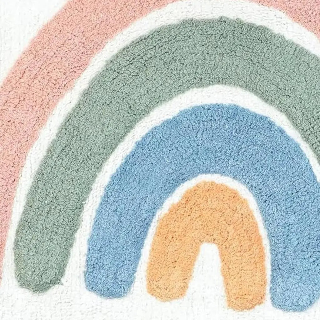 32" White Blue And Pink Cotton Rainbows Round Youthful Bath Rug - GreatEagleInc