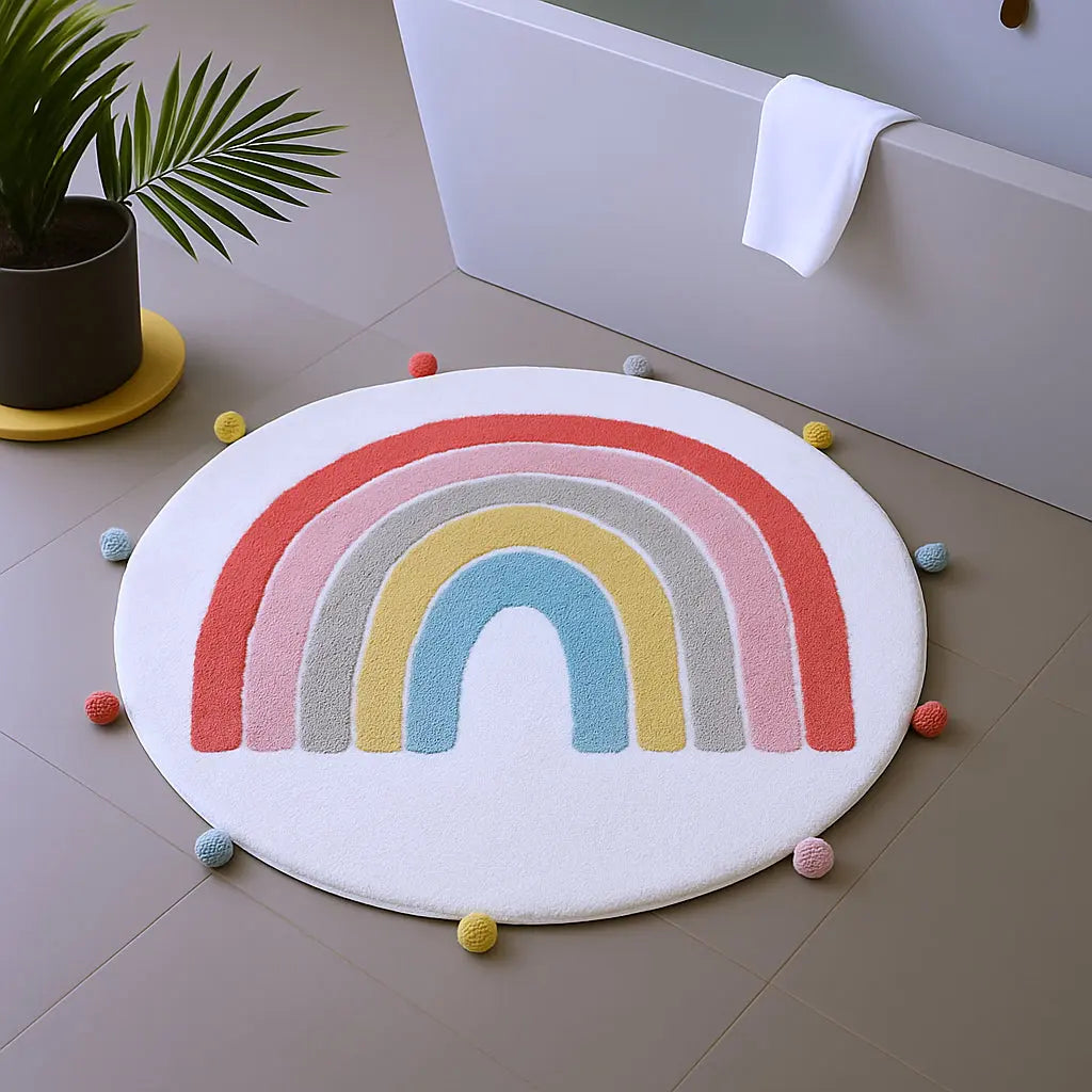 32" White Pink And Yellow Cotton Rainbows Round Youthful Bath Rug - GreatEagleInc