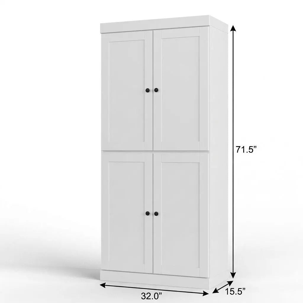 32" White Solid Wood Free Standing Four Door Linen Cabinet Homeroots Organization