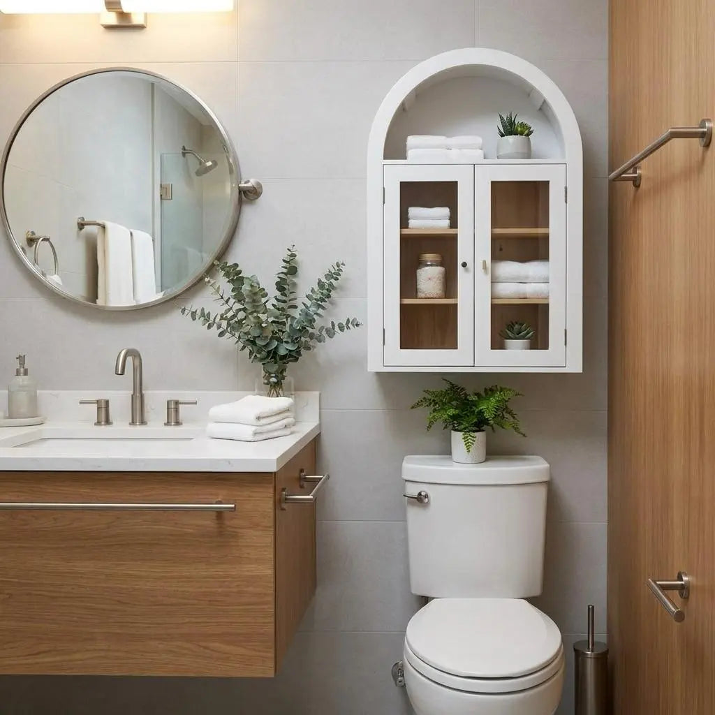 32" White Wood Wall Mounted Glass Panel Inlay Four Door Bathroom Cabinet Homeroots Organization