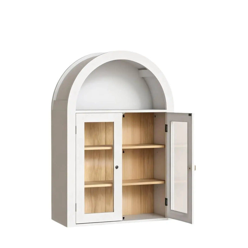 32" White Wood Wall Mounted Glass Panel Inlay Four Door Bathroom Cabinet Homeroots Organization