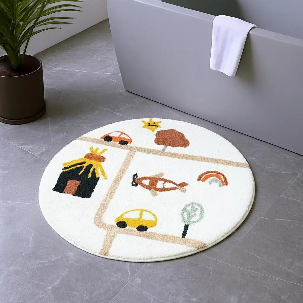 32" White Yellow And Red Cotton Cars Round Youthful Bath Rug - GreatEagleInc
