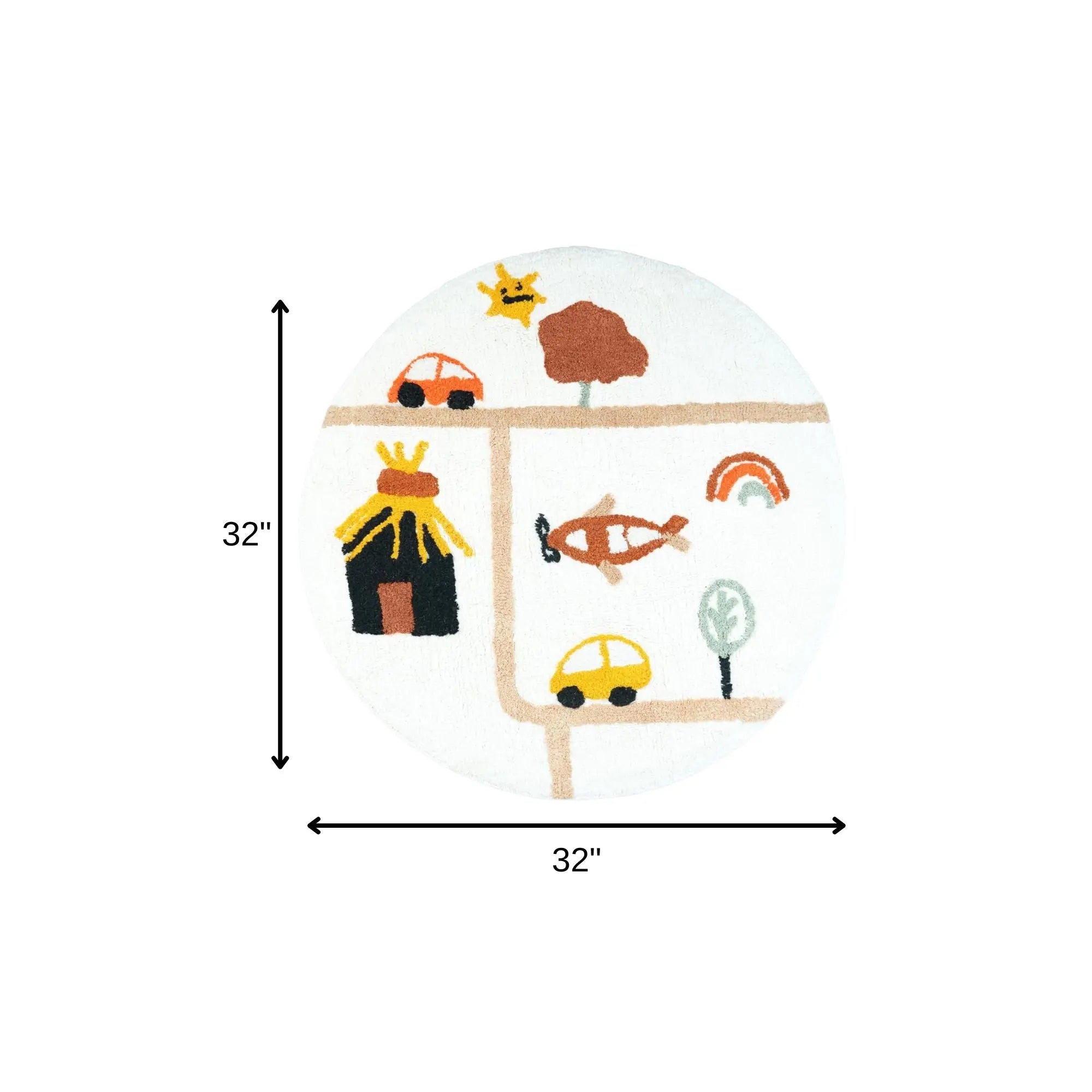 32" White Yellow And Red Cotton Cars Round Youthful Bath Rug - GreatEagleInc