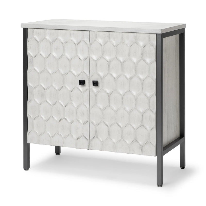 32" White and Gray Wood and Metal Carved Geometric Accent Cabinet With Two Doors Homeroots Kitchen & Dining