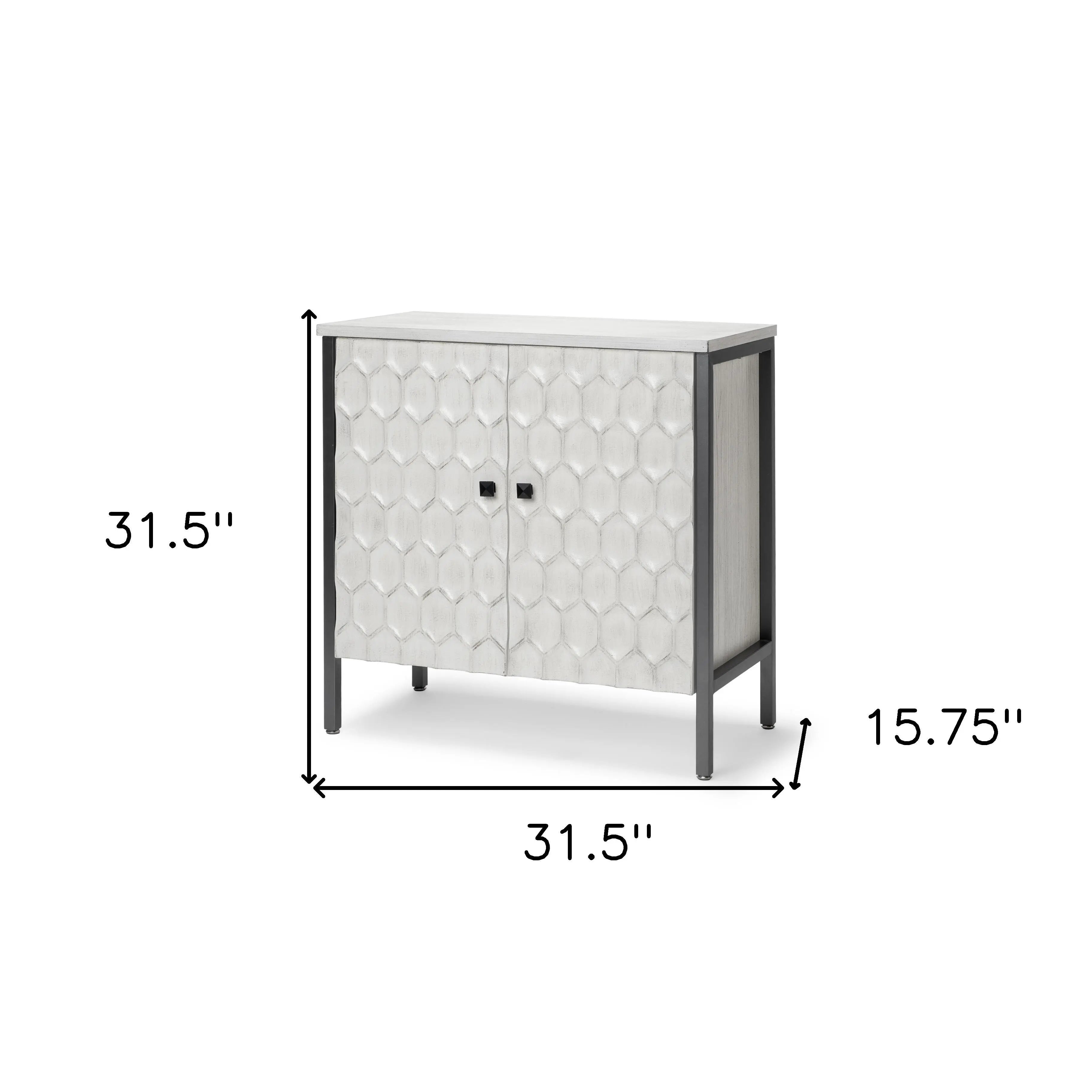 32" White and Gray Wood and Metal Carved Geometric Accent Cabinet With Two Doors Homeroots Kitchen & Dining