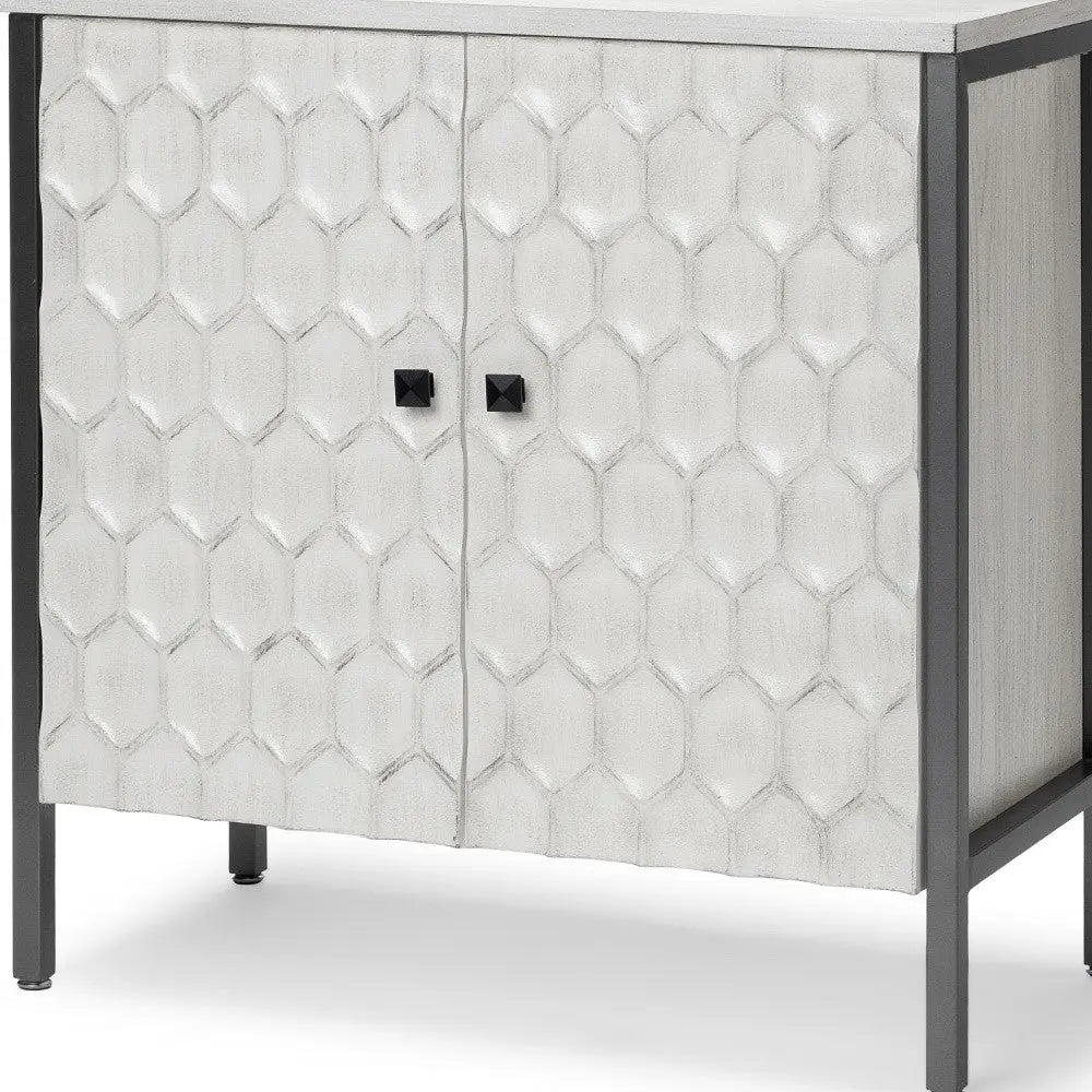 32" White and Gray Wood and Metal Carved Geometric Accent Cabinet With Two Doors Homeroots Kitchen & Dining