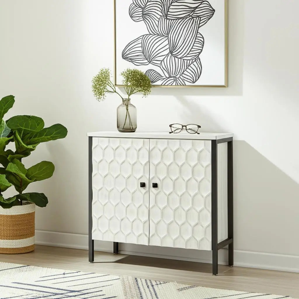 32" White and Gray Wood and Metal Carved Geometric Accent Cabinet With Two Doors Homeroots Kitchen & Dining