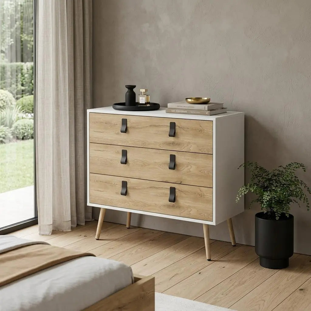 32" White and Natural Three Drawer Dresser Homeroots Bed & Bath
