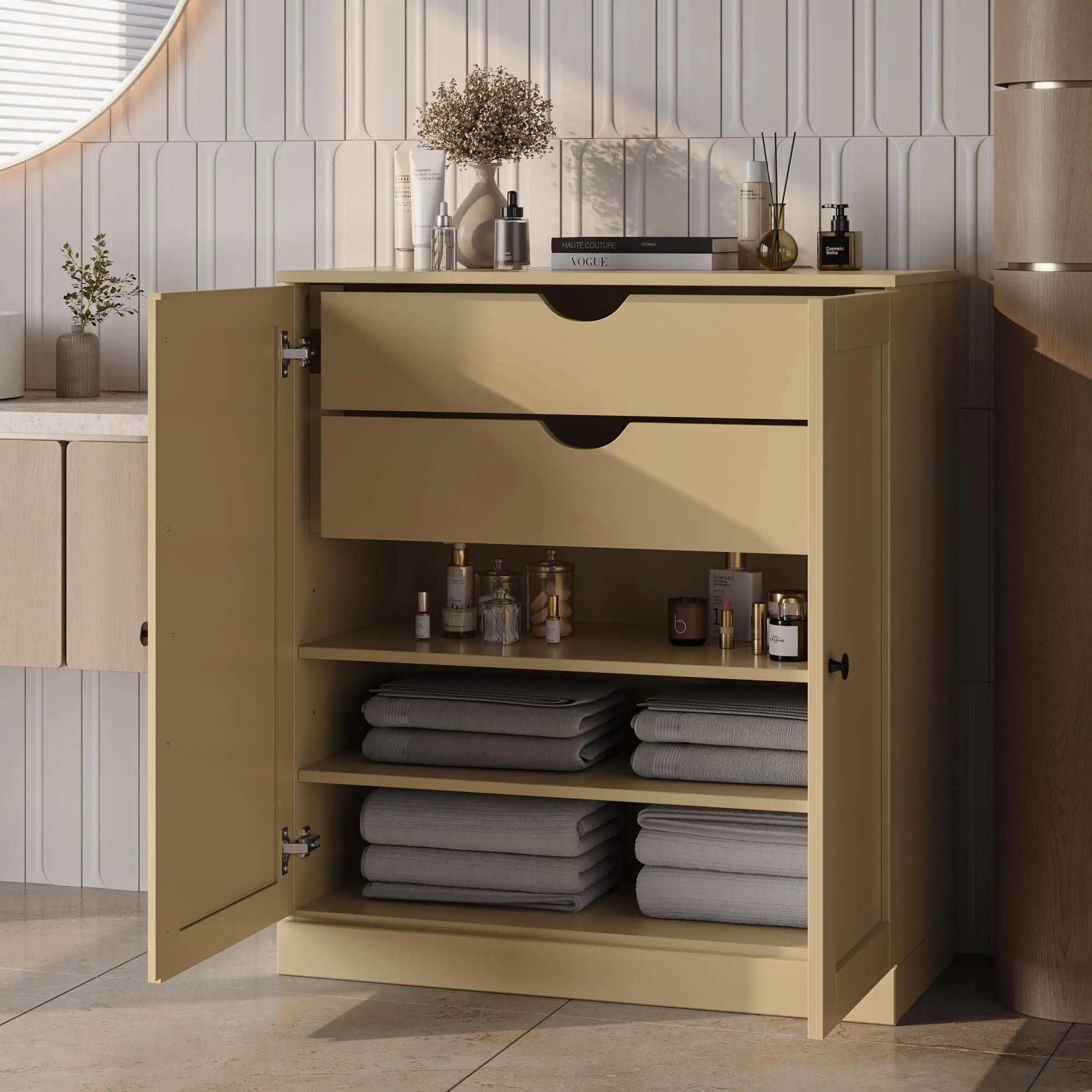 32" Yellow Solid Wood Free Standing Double Door Linen Cabinet Homeroots Organization