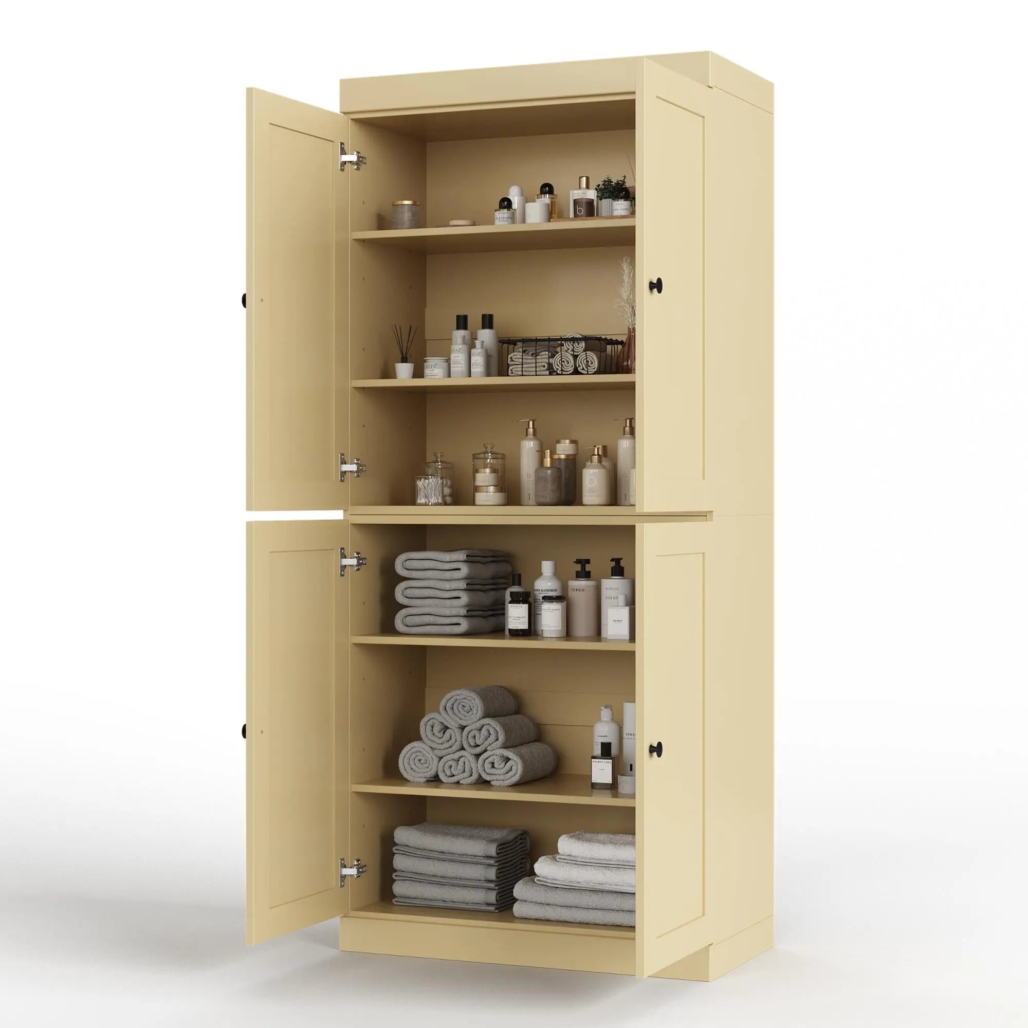 32" Yellow Solid Wood Free Standing Four Door Linen Cabinet Homeroots Organization