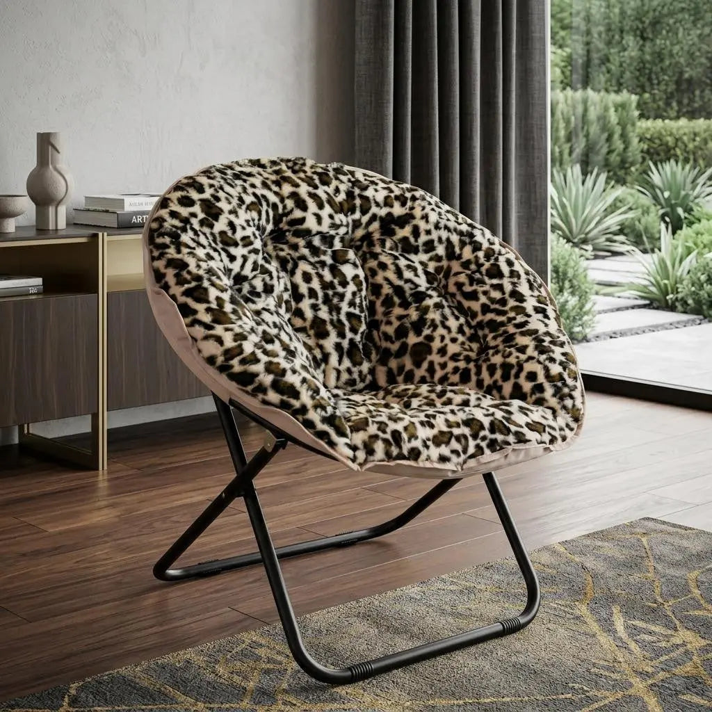 33" Beige Brown And Tufted Faux Fur and Metal Leopard Folding Lounge Chair Homeroots Living Room