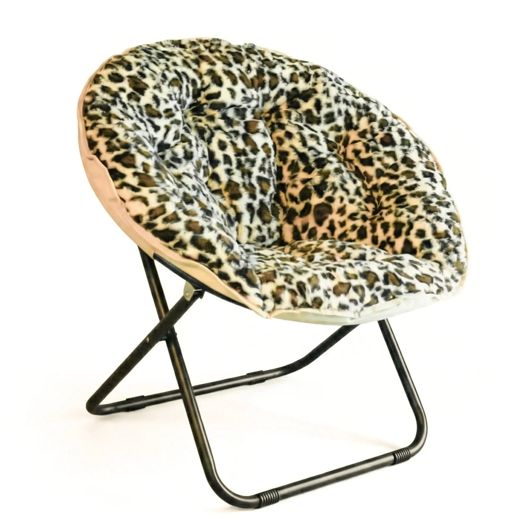 33" Beige Brown And Tufted Faux Fur and Metal Leopard Folding Lounge Chair Homeroots Living Room