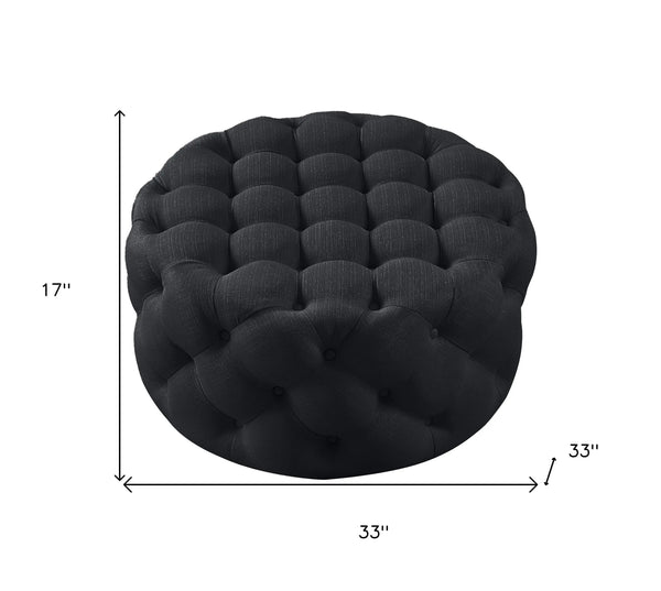 33" Black Linen Tufted Round Cocktail Ottoman Homeroots Living Room