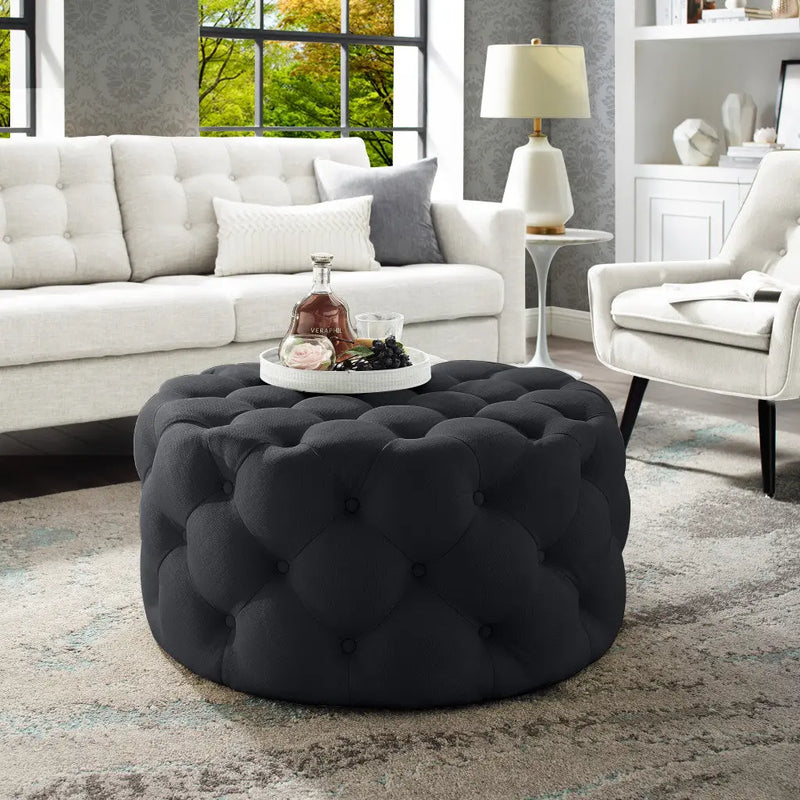 33" Black Linen Tufted Round Cocktail Ottoman Homeroots Living Room