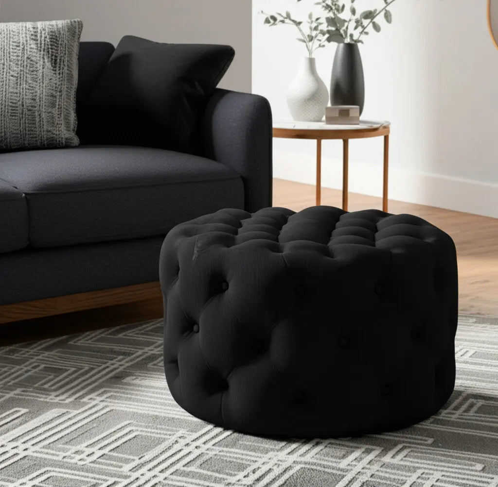 33" Black Linen Tufted Round Cocktail Ottoman Homeroots Living Room