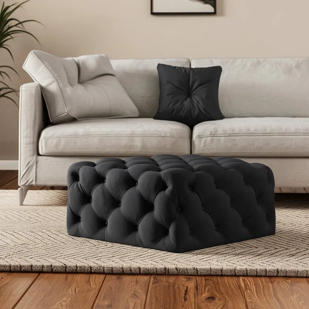 33" Black Velvet Rolling Tufted Cocktail Ottoman Homeroots Living Room