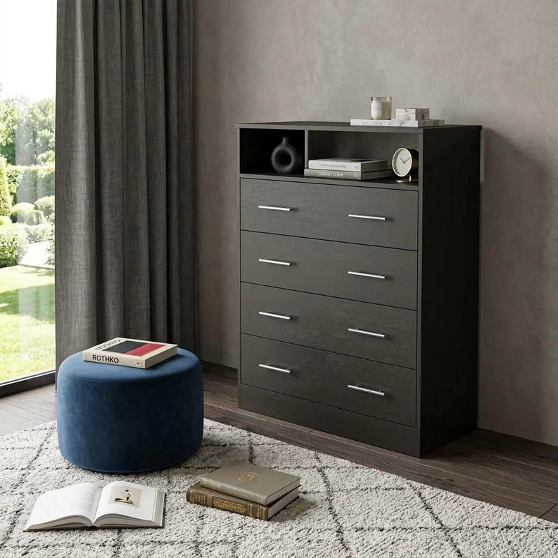 33" Black Wood Four Drawer Dresser Homeroots Bed & Bath