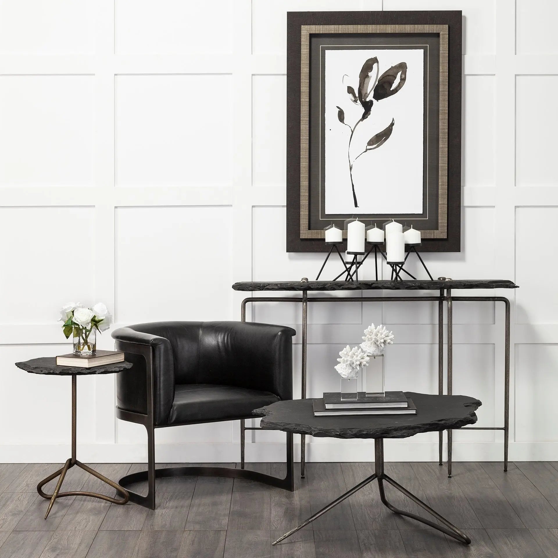 33" Black Wood and Metal Round Pedestal Coffee Table Homeroots Living Room