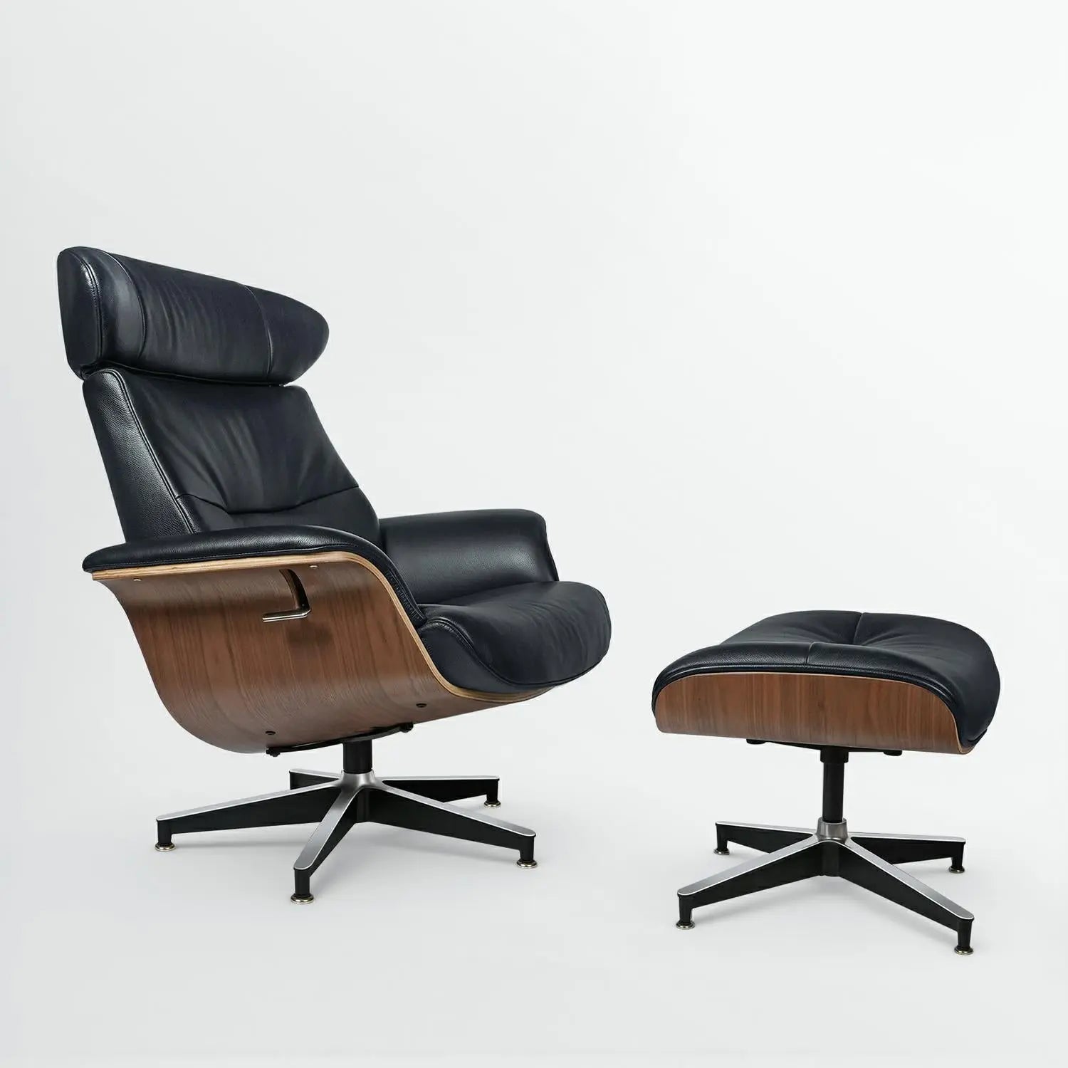 33" Black and Walnut Leather And Wood Swivel Lounge Chair With Ottoman Homeroots Living Room