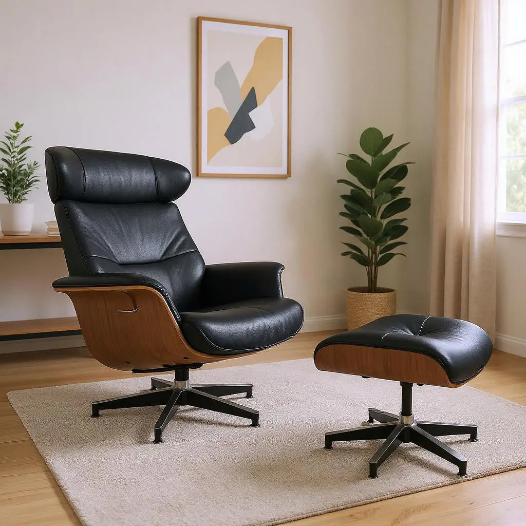 33" Black and Walnut Leather And Wood Swivel Lounge Chair With Ottoman Homeroots Living Room
