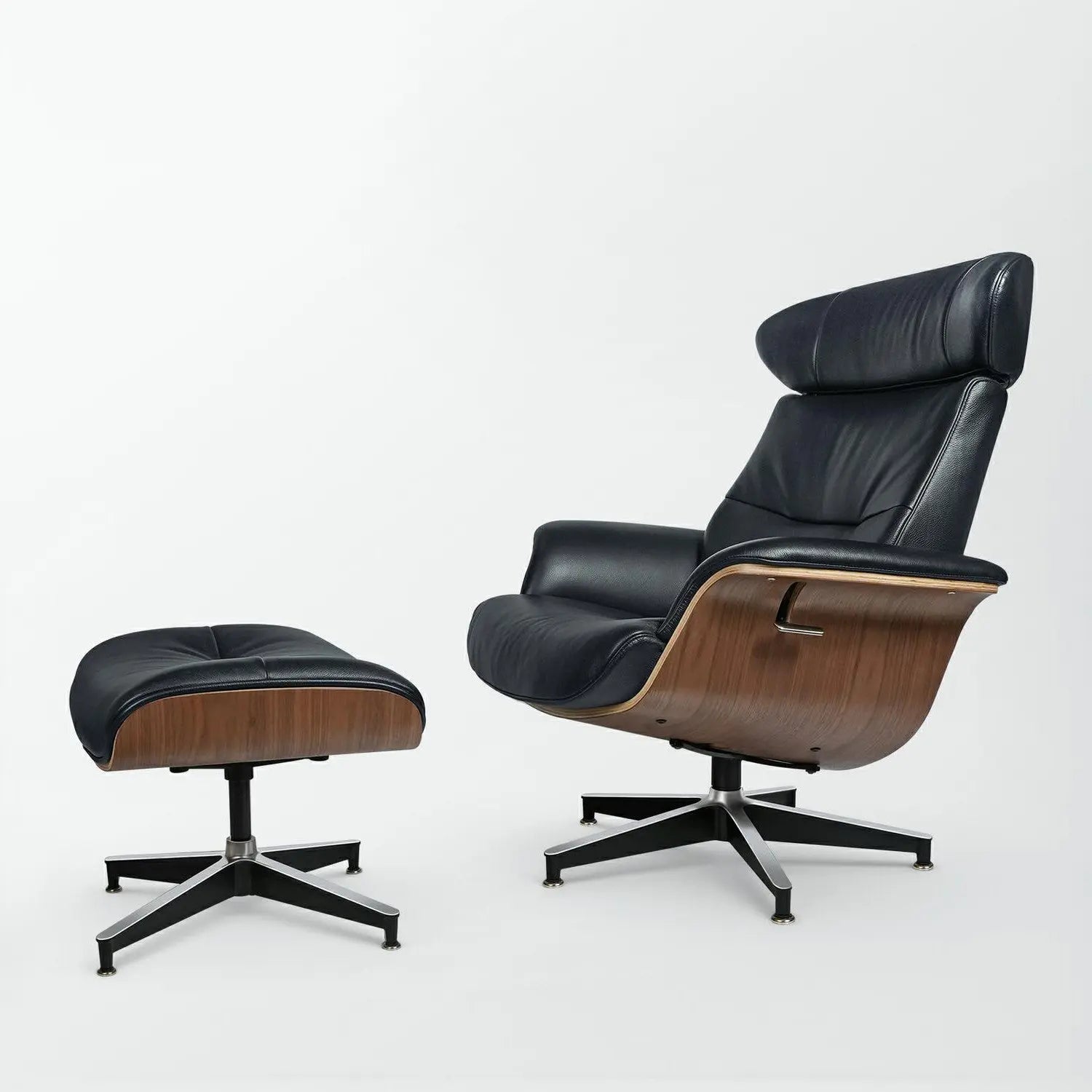 33" Black and Walnut Leather And Wood Swivel Lounge Chair With Ottoman Homeroots Living Room