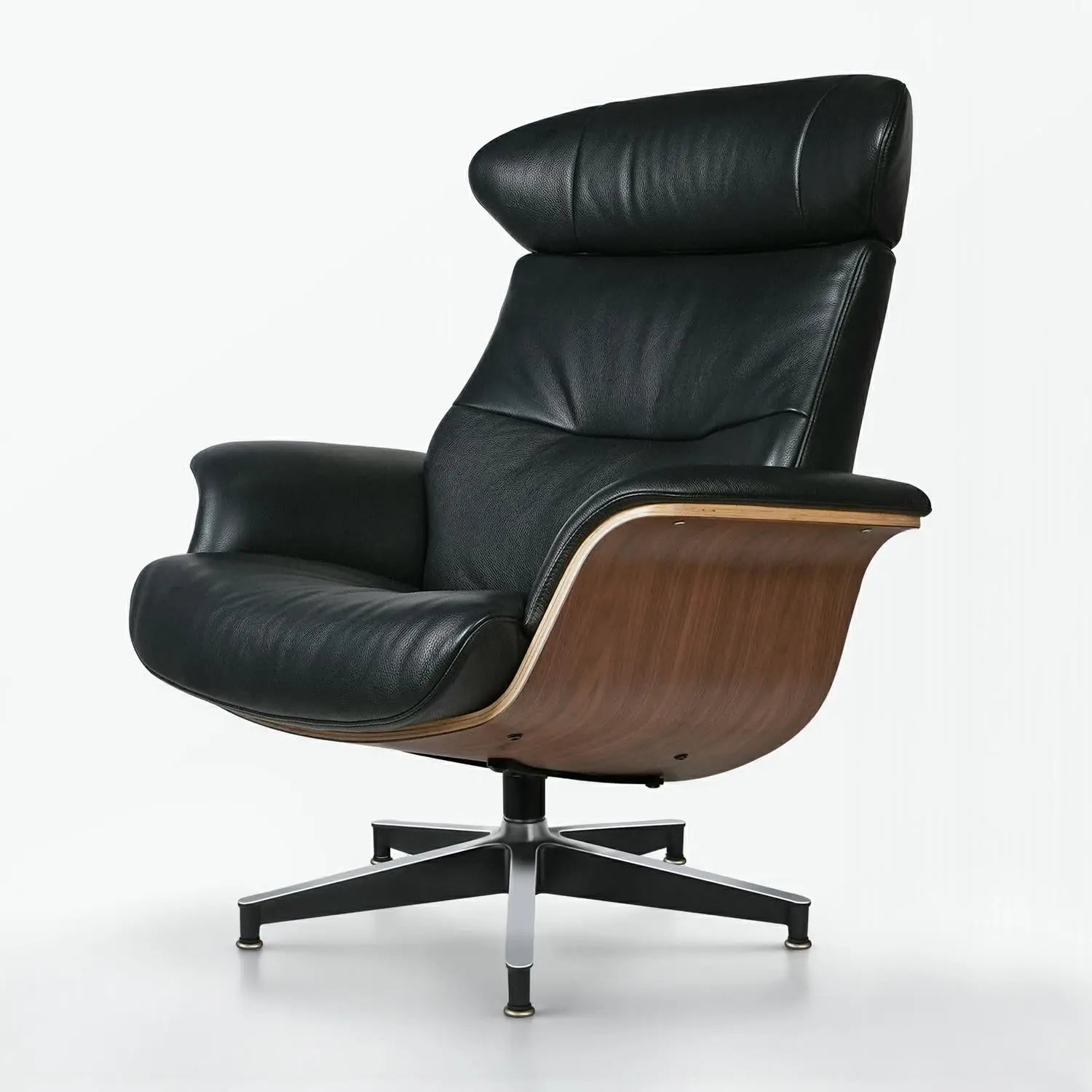 33" Black and Walnut Leather And Wood Swivel Lounge Chair With Ottoman Homeroots Living Room
