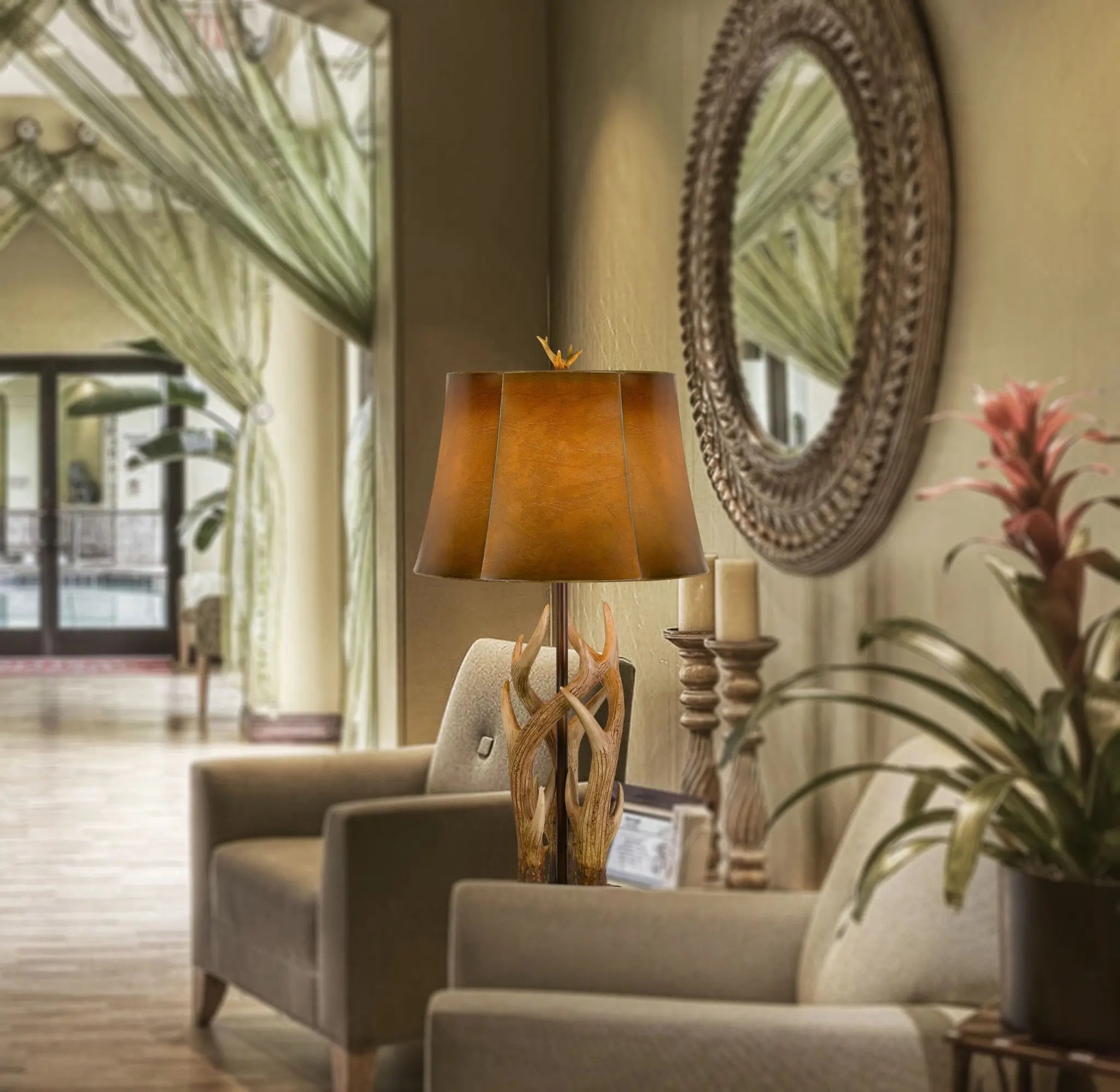 33" Brown Antlers Table Lamp With Brown Drum Shade - GreatEagleInc