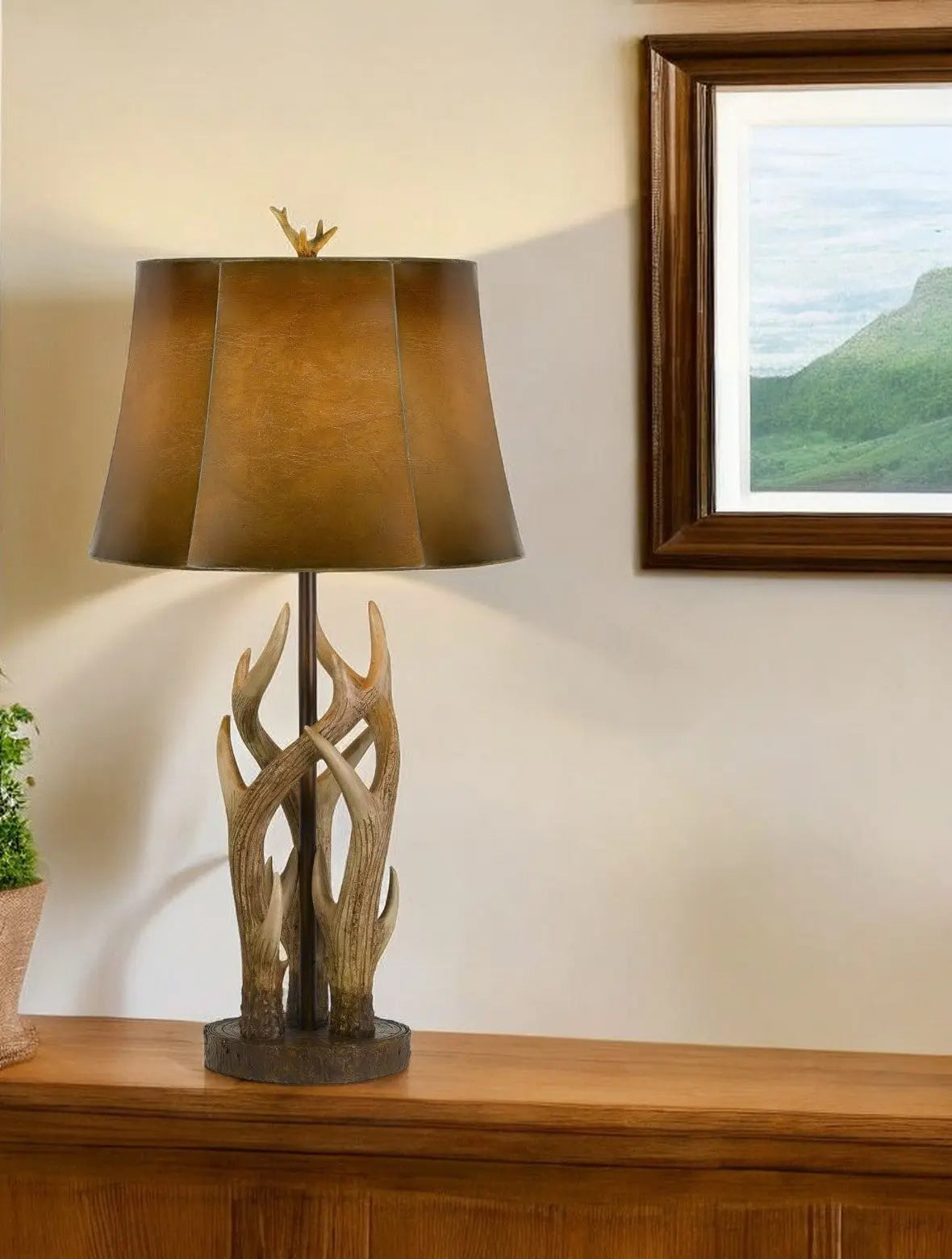33" Brown Antlers Table Lamp With Brown Drum Shade - GreatEagleInc
