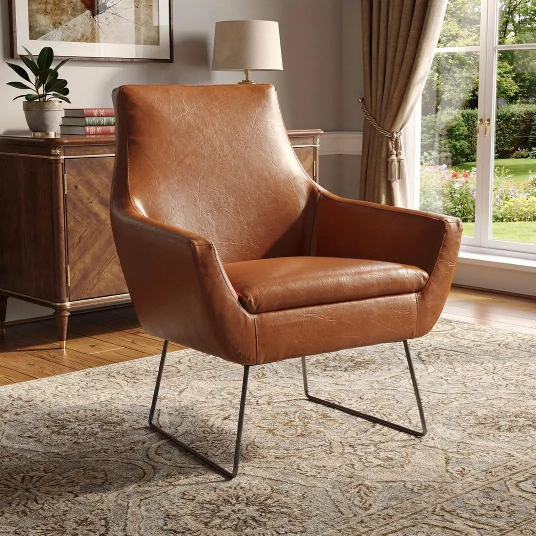 33" Brown and Black Faux Leather Distressed Arm Chair Homeroots Living Room