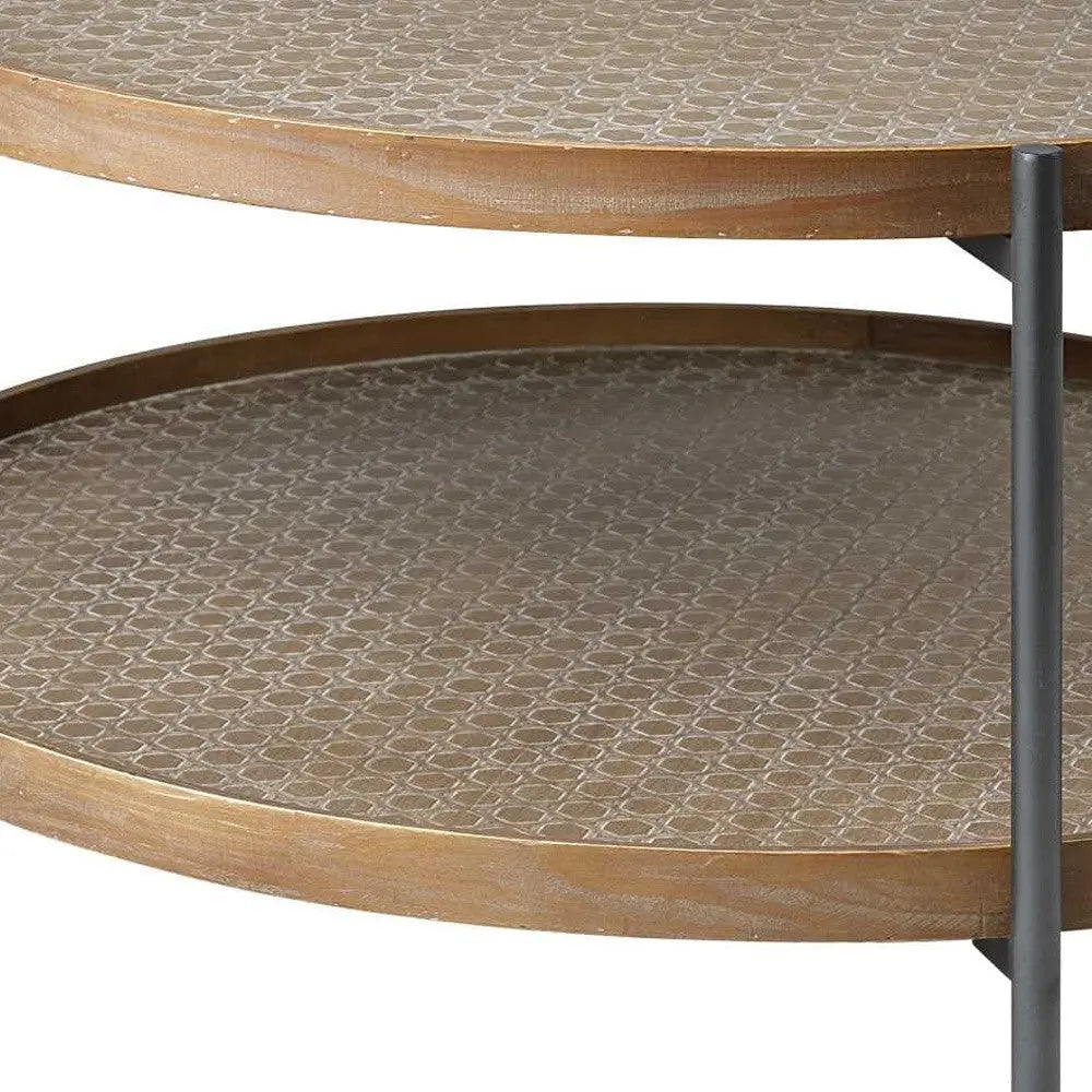 33" Brown and Black Solid Wood and Iron Round Coffee Table With Shelf Homeroots Living Room