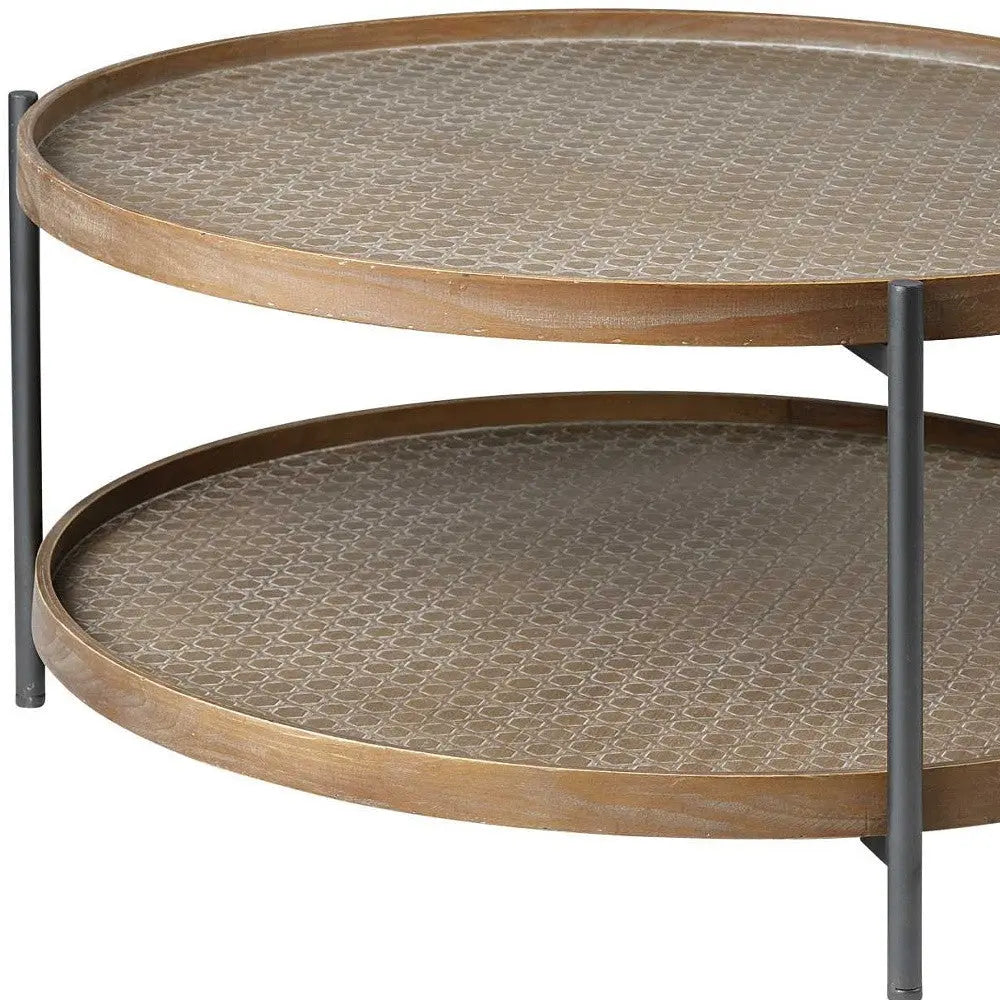 33" Brown and Black Solid Wood and Iron Round Coffee Table With Shelf Homeroots Living Room