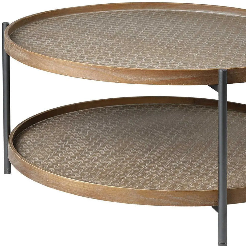 33" Brown and Black Solid Wood and Iron Round Coffee Table With Shelf Homeroots Living Room