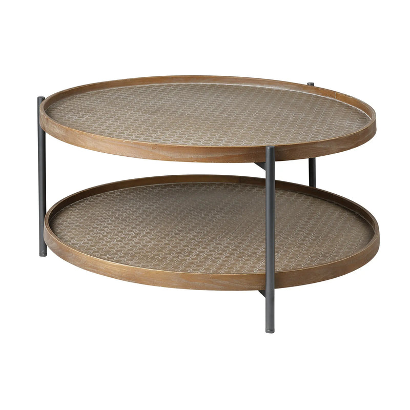 33" Brown and Black Solid Wood and Iron Round Coffee Table With Shelf Homeroots Living Room