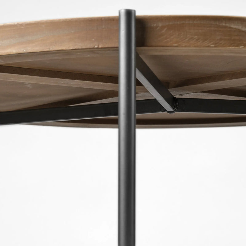 33" Brown and Black Solid Wood and Iron Round Coffee Table With Shelf Homeroots Living Room