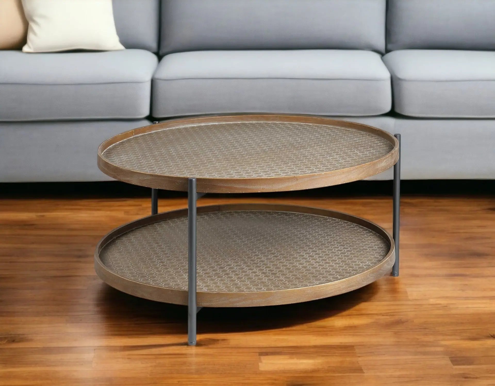 33" Brown and Black Solid Wood and Iron Round Coffee Table With Shelf Homeroots Living Room