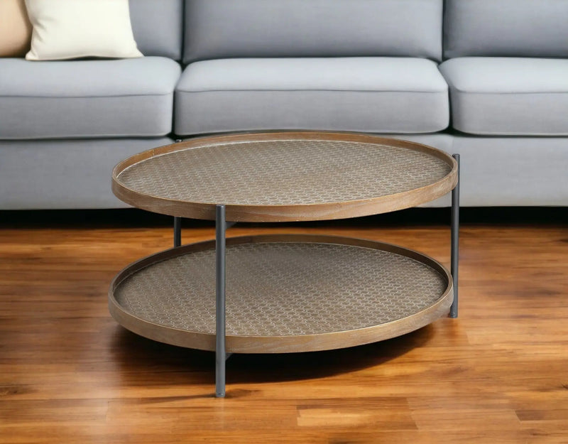 33" Brown and Black Solid Wood and Iron Round Coffee Table With Shelf Homeroots Living Room