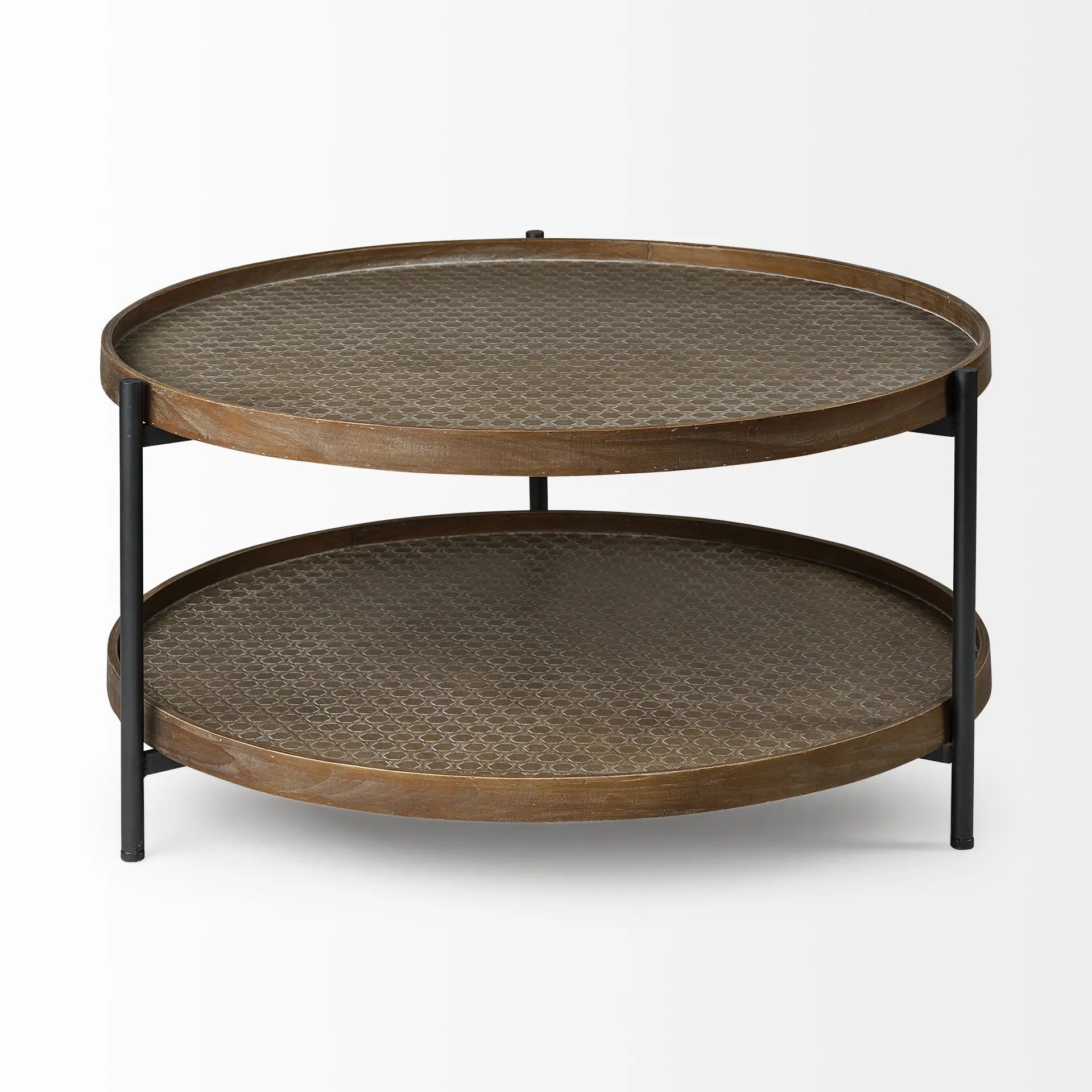 33" Brown and Black Solid Wood and Iron Round Coffee Table With Shelf Homeroots Living Room