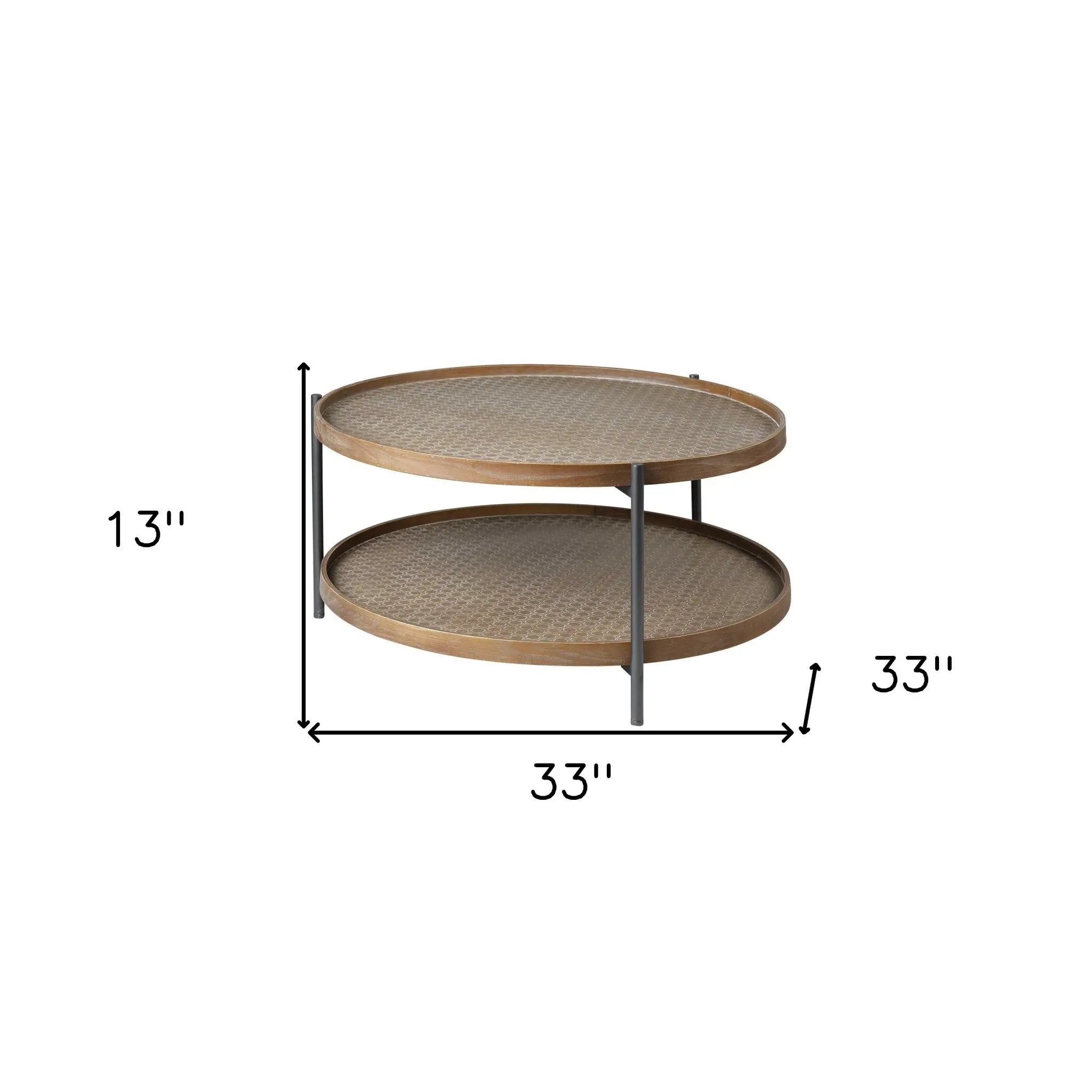 33" Brown and Black Solid Wood and Iron Round Coffee Table With Shelf Homeroots Living Room