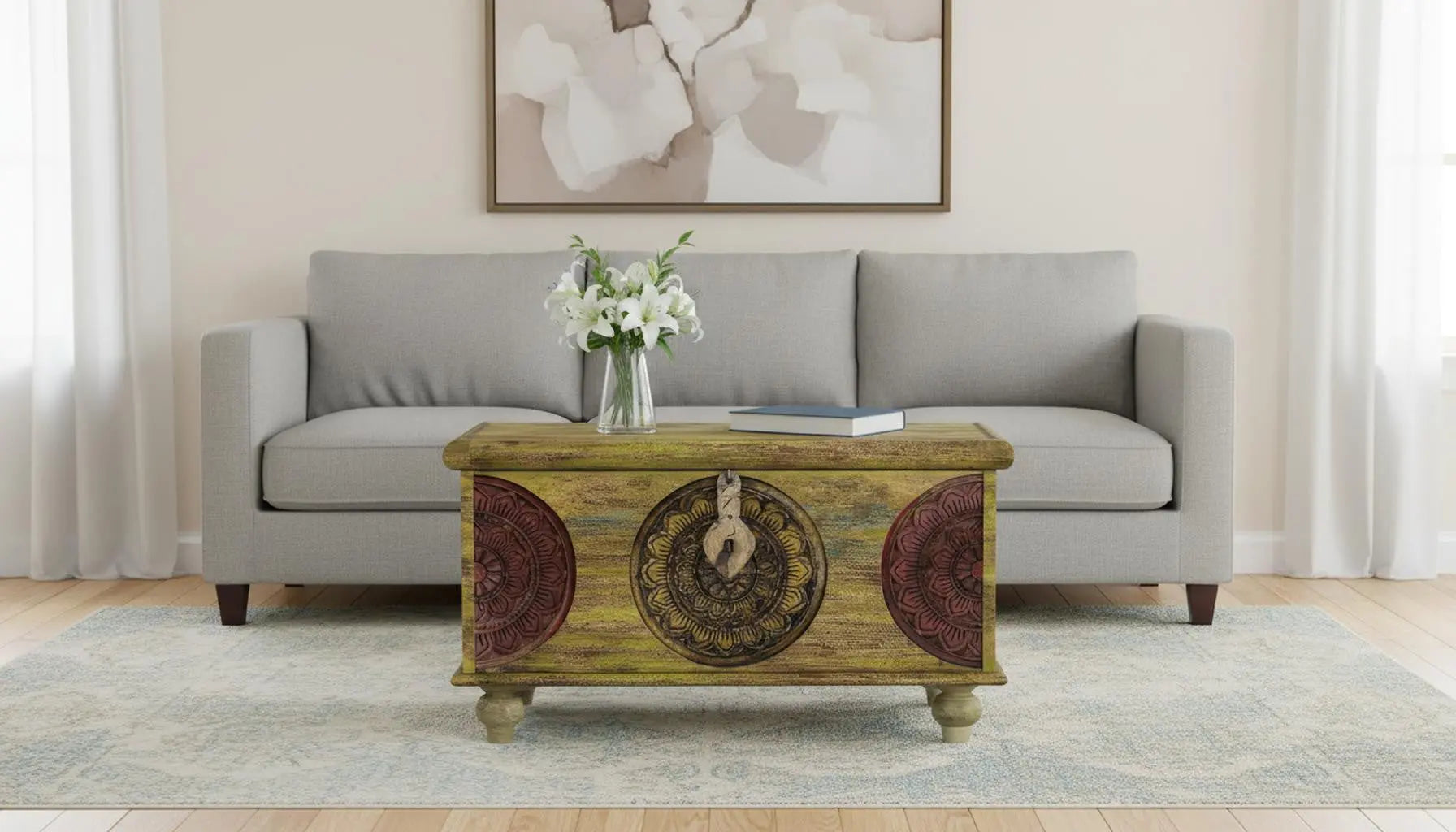33" Brown and Green Wood Distressed Coffee Table Homeroots Living Room