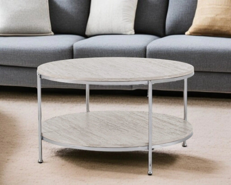 33" Chrome Faux Marble And Metal Round Coffee Table Homeroots Living Room